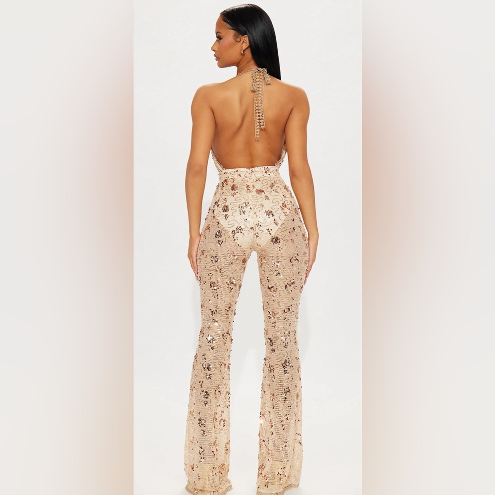 Fashion Nova Gold Taboo Sequin Jumpsuit – Size Large - Picture 2 of 5